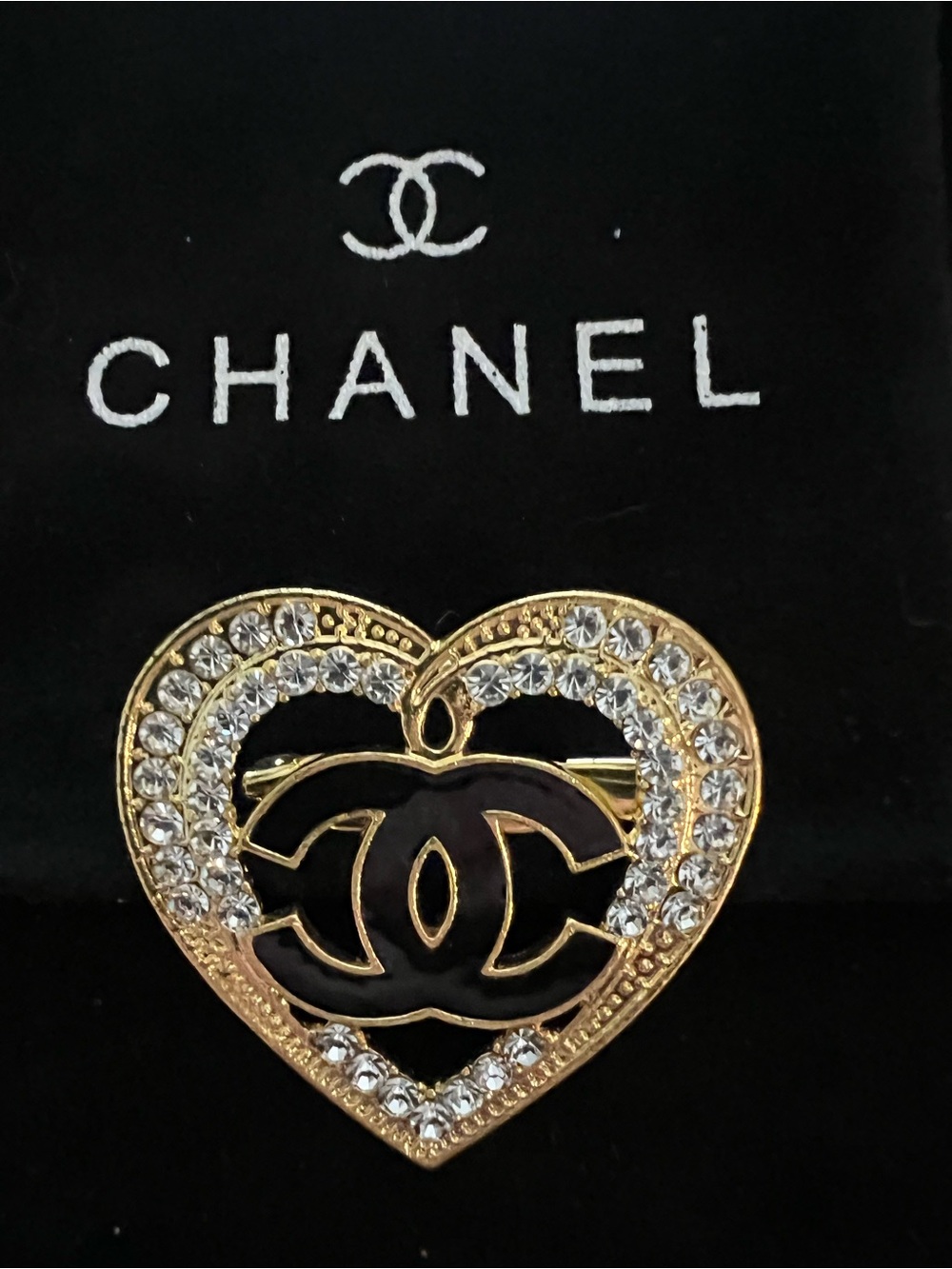 CHANEL Gold and Black Heart CC Crystal Brooch